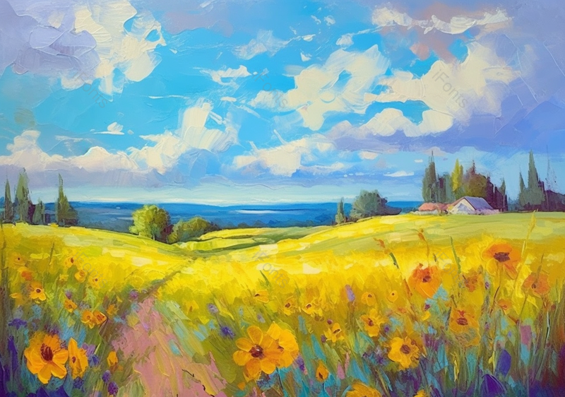 夏日晴朗蓝天白云平原黄色花丛田园风格油画插画素材,插画/手绘图,插画/手绘图库,插画/手绘图下载,插画/手绘